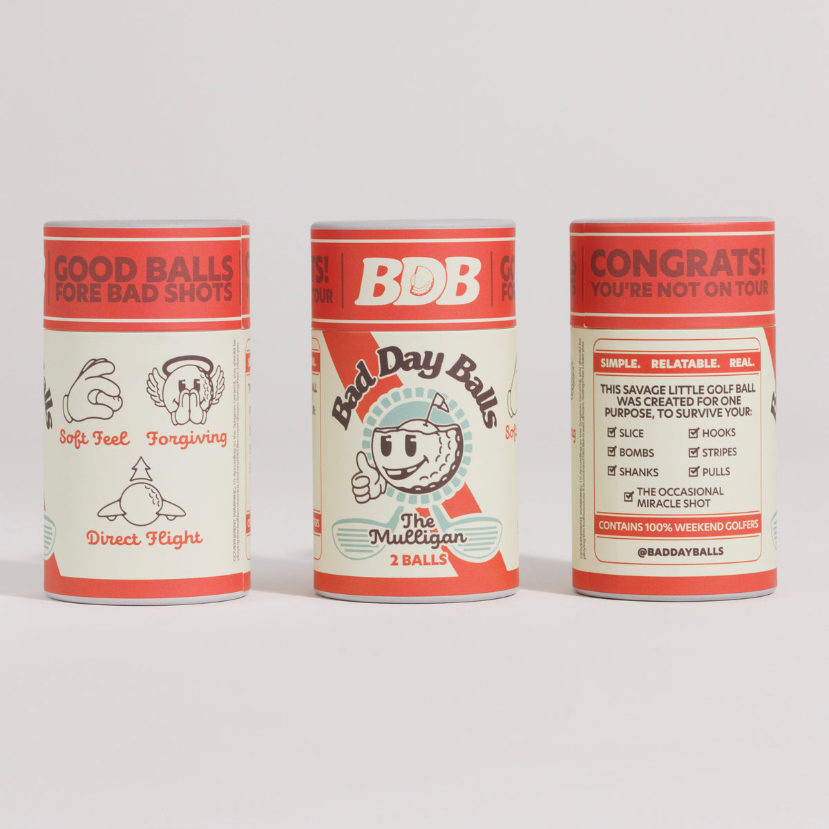 Three Bad Day Ball Cans. 'Good Balls Fore Bad Shots,' 'Bad Day Balls,' and a congratulatory message for a missed shot.