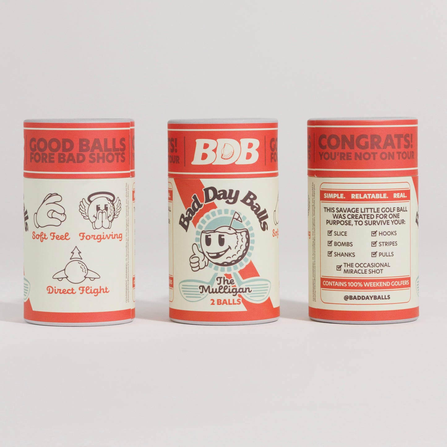 Three Bad Day Ball Cans. 'Good Balls Fore Bad Shots,' 'Bad Day Balls,' and a congratulatory message for a missed shot.
