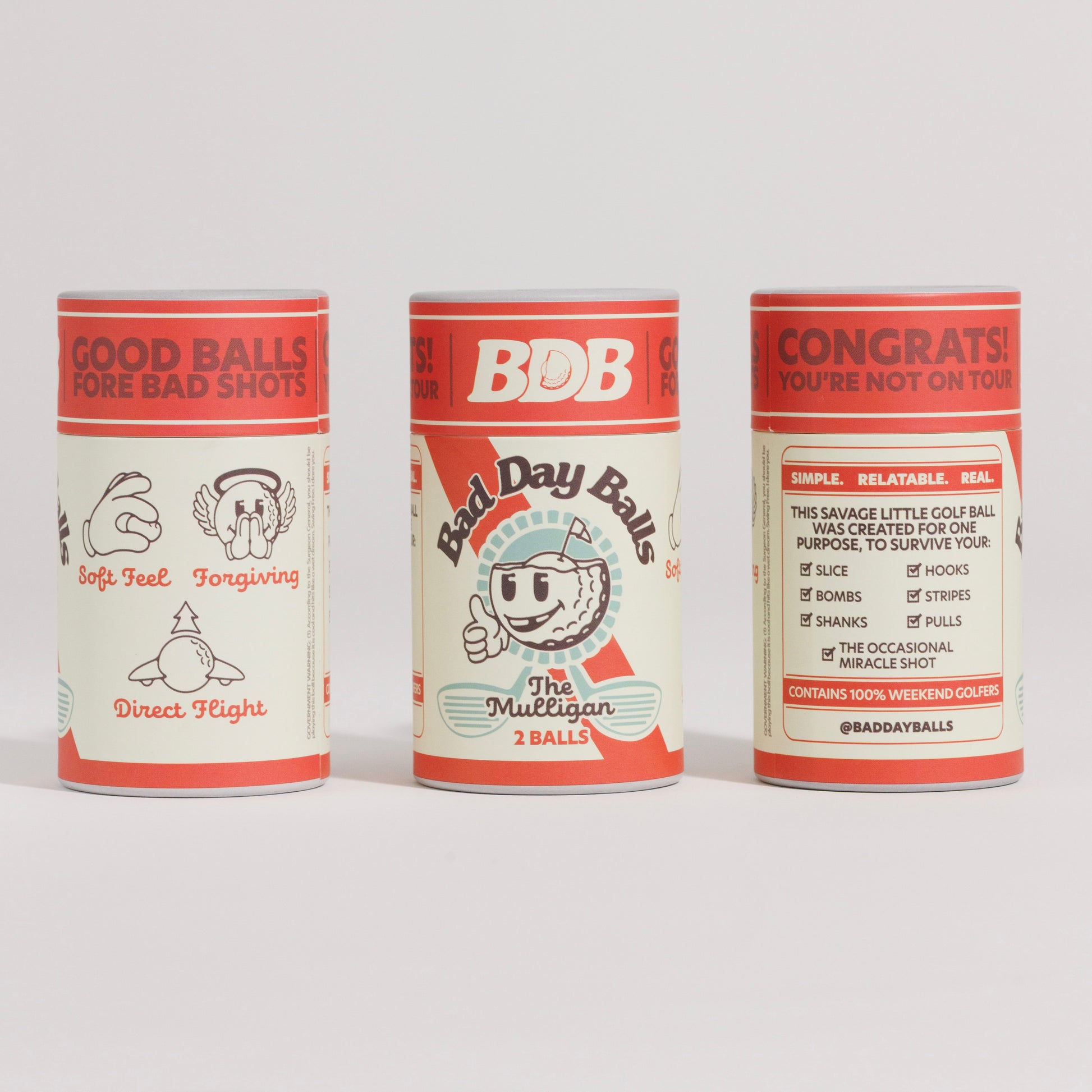 Three Bad Day Ball Cans. 'Good Balls Fore Bad Shots,' 'Bad Day Balls,' and a congratulatory message for a missed shot.