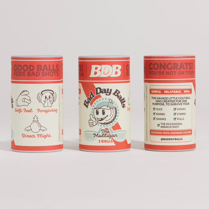 Three Bad Day Ball Cans. 'Good Balls Fore Bad Shots,' 'Bad Day Balls,' and a congratulatory message for a missed shot.